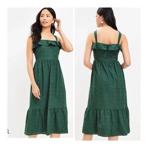 LOFT Size 4 Mystic Forest Green Eyelet Square Neck Cotton Sleeveless Midi Dress